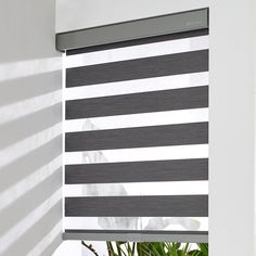 the blinds in this room are striped with black and white stripes