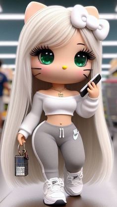 a cartoon doll with white hair and green eyes holding a cell phone in her hand