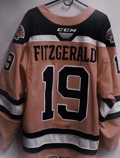 a hockey jersey hanging on a wall with the number 19 printed on it and an inscription that reads, fizzgerad 19