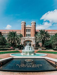 a fountain in front of a building with palm trees