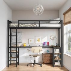 a loft bed with desk underneath it in a room that has hardwood floors and white walls