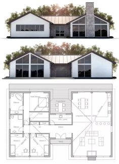 two different views of the same house from each side, one with windows and another with an open floor plan