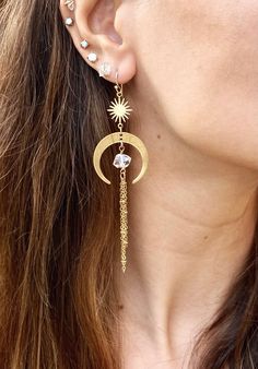 🌙Small size crystal moon earrings for a perfect boho chic look that compliment any outfits! for These moon and angel aura crystal are so light weight and super comfy to wear. Perfect crescent moon bohemian witchy look. ✨Please note option for hooks: Silver plated Gold plated Sterling Silver 14k Goldfilled ✨Please note the gemstone option is for the round beads at the top. The Crystal at the bottle will be as pictured -White Quartz -Moonstone -Amethyst -pearl ✨Moon and Sun connector are gold/sil Moonstone Moon Charm Drop Earrings, Celestial Moonstone Earrings With Moon Phase, Celestial Moon Charm Crystal Earrings, Celestial Moonstone Earrings With Moon Charm, Celestial Moonstone Earrings, Celestial Moon Charm Dangle Crystal Earrings, Mystical Moon Charm Dangle Crystal Earrings, Sun Angel, Herkimer Diamond Earrings