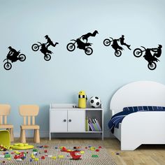 PRICES MAY VARY. You will receive: 1×motocross wall sticker. Dirt bike style wall decor, creatively decorate your home. You can paste according to the picture or DIY according to your own ideas. Size: 63”×15.7”. Durable material: Our dirt bike decals are made of vinyl material, which with highly quality, waterproof and self-adhesive functions. Notice: Please do not use on powder coating walls. Easy to peel and paste: Choose the place to be pasted, make a simple plan according to the order of pas Dirt Bike Nursery Baby Boy, Motocross Bedroom Ideas, Motocross Boys Room, Motorcycle Room, Dirt Bike Decor, Motocross Bedroom, Racing Room, Dirt Bike Room, Motocross Stickers