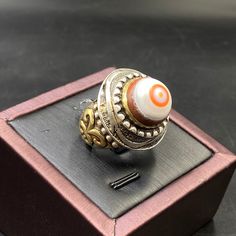 Old Beautiful Ethnic Afghani dzi Agate Ring Sterling Silver Natural Orange Agate, Eye Beads Unisex Ring, Size 8 US Traditional Natural Stones Ring Jewelry, Traditional Natural Stone Ring Jewelry, Traditional Jewelry Ring With Natural Stones, Bohemian Agate Rings, White Bohemian Beaded Rings, Traditional Round Agate Jewelry, Spiritual Agate Rings, Traditional Silver Agate Ring, Handmade Orange Agate Jewelry