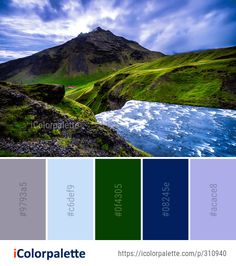 the color palette is green, blue, and purple with an image of a mountain in the background