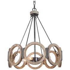 a chandelier with wooden circles hanging from it's center and two lights on each side