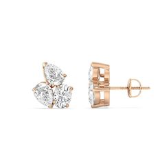 three stone stud earrings in 18k rose gold with pear shaped diamonds on each side