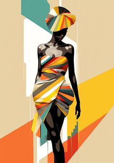 a woman is walking down the runway in an abstract fashion illustration with multicolored stripes