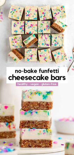 no - bake funfetti cheesecake bars with white frosting and sprinkles