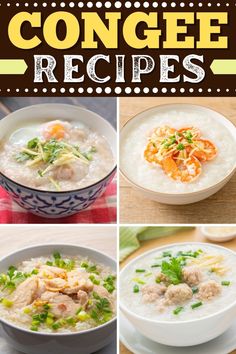 collage of soups with rice, meat and vegetables