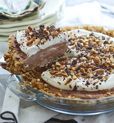 there is a pie with chocolate and nuts on it