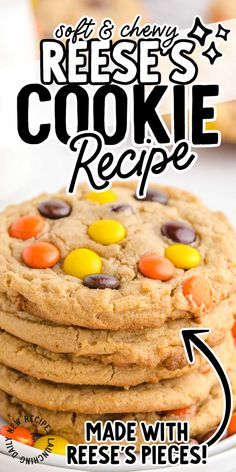 the recipe for reese's cookies is shown in front of a stack of cookies