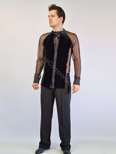 "Men's shirt, combined of several types of fabric. Stretch velor front and back with satin ribbon seams. Raglan sleeves and stretch mesh forefoot. Stand-up collar, satin placket and cuffs. Button fastening. There are small cuts on the sides. INDIVIDUAL TAILORING (DISCUSSED BEFORE ORDERING) If you want to change the style of clothes (shorten, make it longer, add a sleeve, etc.) you can order individual tailoring from us. You can also individually order ANY SIZE of clothes from us up to size XXS o Formal Long Sleeve Sheer Shirt, Sheer Long Sleeve Formal Shirt, Fitted Black Sheer Shirt, Formal Fitted Top With Sheer Sleeves, Formal Top With Sheer Sleeves, Fitted Sheer Black Shirt, Sheer Long Sleeve Shirt For Party, Fitted Dance Tops, Fitted Dancewear Tops For Dance