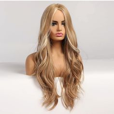 Long Wavy Blonde Wig Synthetic Wigs Middle Part Natural Looking Silky Heat Resistant Synthetic Wig Daily Party Use Cosplay 26 Inch Cap Size - Circumference 22.5" With Two Adjustable Straps Inside The Cap Wig Highlights, Natural Curly Wig, Long Blonde Wig, Blond Ombre, Natural Looking Wigs, Medium Blonde, Curly Hair Wig, High Quality Wigs, Soft Waves