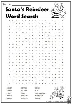 the santa's reindeer word search is shown in this printable worksheet