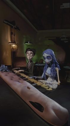 two cartoon characters playing an organ keyboard in a dimly lit room