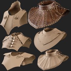 several different types of leather armor on display