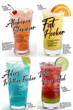 four different types of cocktails with names on them