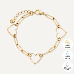 This charming piece features a series of open-heart charms connected by modern gold-plated links, creating a beautiful balance of romance and contemporary style. The delicate yet bold design makes this bracelet perfect for everyday wear or special occasions. Crafted with 18K gold-plated material, this bracelet is water-proof, tarnish-free, and hypoallergenic. The adjustable clasp ensures a secure and comfortable fit, making it an essential accessory for those who love to wear their heart on their sleeve. Product Code: DB2230K Collection: Vibes Type: Clasp Material: 18K Gold-Plated Stainless Steel Dimensions: Length 18-21cm Pendant Dimensions: Style: Heart, Modern Includes: Clasp Bracelet, Bracelet Clasps, Open Heart, Bold Design, Heart On, Goodie Bags, Mixed Metals, Water Proof, Earring Necklace