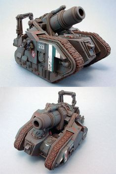 two pictures of a toy tank on a white surface