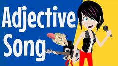 an animated girl singing into a microphone and holding a guitar in front of the words'adjective song '