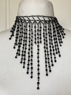 Signed Anton Heunis designer Vintage retro black beaded multi strand choker bib necklace silver tone ball chain 46cm adj length Party Ball Chain Necklaces With Round Beads, Party Round Beads Ball Chain Necklaces, Party Necklace With Round Beads And Ball Chain, Party Round Beads Ball Chain Necklace, Beaded Layered Necklace With Round Beads For Party, Beaded Layered Necklace For Party With Round Beads, Beaded Layered Necklace For Party, Party Layered Necklace With Beaded Chain, Metal Beaded Chain Necklace For Party