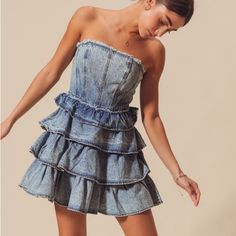 Girl It’s Concert Season! Get Your Boots On, Let Your Hair Down! You Are Born To Struck This Dress! Strapless, Denim, Mini Dress Denim Ruffle Dress, Leisure Dress, Junior Party Dresses, Single Dress, Graduation Pics, Sequin Evening Gowns, Navy And White Dress, Jean Dress, Let Your Hair Down