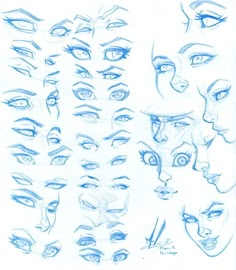 a bunch of different types of eyes and nose drawn in blue marker on paper with some writing