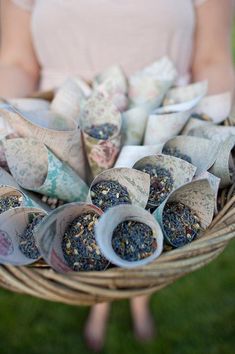 a person holding a wicker basket filled with bird seed balls and birdseeds