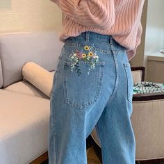 colorful embroidered jeans aesthetic embroidered blue jeans daisy embroidered pocket denim pants #embroidered #embroidery #jeans #denim #pants #trousers Flower Embroidered Jeans, Flower Jeans, Streetwear Jeans, 자수 디자인, Jeans Diy, Embroidered Clothes, Embroidered Denim, Embroidered Jeans, Loose Pants