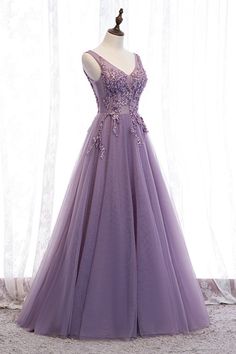 Purple V-Neck Lace Long Prom Dresses A Line Prom Dress, Purple Prom, Purple Prom Dress, فستان سهرة, A Line Prom Dresses, Lace Evening Dresses, Prom Dresses Lace, Dress Silhouette, Evening Party Dress