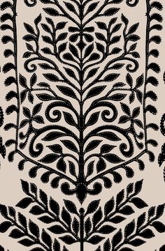 a black and white pattern with leaves on it