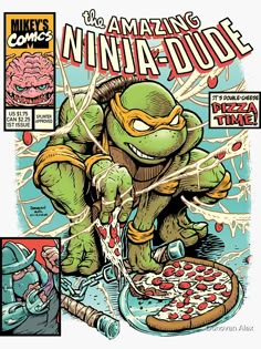 the cover to teenage mutant comics, featuring an image of a turtle eating a pizza