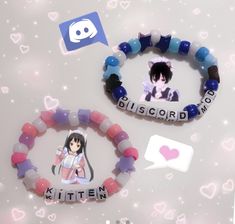 two bracelets that say biscord and kittenen with pictures of cats on them