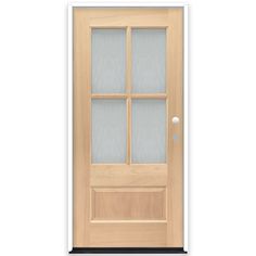 a wooden door with frosted glass on the top and bottom panel, in front of a white background