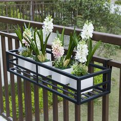 three planters with flowers in them on a balcony railing, hanging from the rail