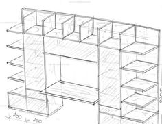 a drawing of a desk with drawers and shelves on it's sides, in perspective