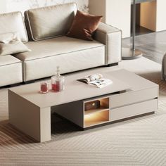 a living room scene with focus on the coffee table