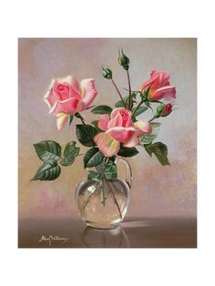 a painting of pink roses in a glass vase