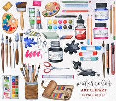 the watercolor art clipart is set up with paint, brushes and other items