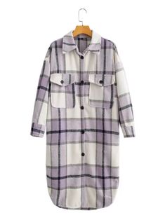 US$ 47.77 - Comfortable Chest Pocket Button Fastening Curved Hem Checked Pattern Midi Plaid Jacket Coat - www.zicopop.com Purple Long Sleeve Outerwear With Pockets, Casual Purple Collared Outerwear, Trendy Long Sleeve Shacket With Buttons, Purple Collared Winter Outerwear, Winter Long Sleeve Shacket With Button Cuffs, Single Breasted Purple Outerwear For Fall, Purple Single-breasted Outerwear For Fall, Fall Purple Single Breasted Outerwear, Plaid Outerwear With Lapel Collar And Buttons