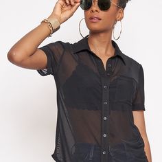 Can Be Worn As A Coverup Or Going Out! Open And Closed This Top Is So Versatile And Trendy. Please Support My Small Business Boutique Summer Tops With Button Closure For Layering, Chic Black Sheer Shirt, Black Collared Top For Layering, Casual Sheer Button-up Blouse, Sheer Button-up Tops For Night Out, Casual Black Blouse With Button Closure, Casual Black Blouse For Layering, Black Casual Shirt For Layering, Casual Black Shirt For Layering