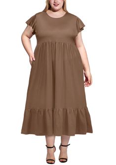 Discover the perfect summer outfit with the Moon Wood Women's 2024 Plus Size Casual Dress. Spring Khaki Stretch Dress, Casual Stretch Midi Dress With Ruffle Hem, Casual Stretch Brown Maxi Dress, Casual Brown Stretch Maxi Dress, Casual Stretch Dress With Ruffle Hem, Plus Size Tights, Lace Stockings, Plus Size Summer Dresses, Perfect Summer Outfit