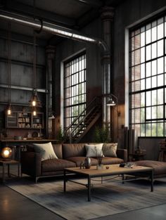 an industrial living room with lots of windows