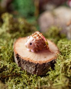 a small toy hedge sitting on top of a piece of wood in the mossy ground