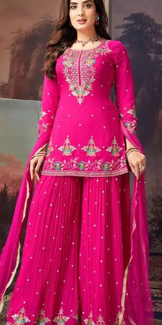 Pink and Majenta color Salwar Kameez in Georgette fabric with Embroidered, Resham, Thread work  https://www.indianweddingsaree.com/product/georgette-engagement-salwar-kameez-in-pink-and-majenta-with-embroidered-work-1949309 Dress For Wedding Guest Indian, Garara Suit, Bridesmaid Suits, Pink Sharara, Dress Pics, Best Designer Suits, Senna Leaf