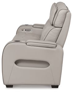 the reclining chair is shown in grey leather