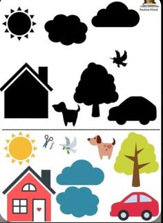 the silhouettes of houses, cars and trees are shown in this graphic art work