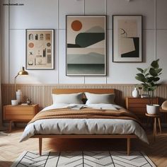 a bed sitting in a bedroom next to two framed pictures on the wall above it